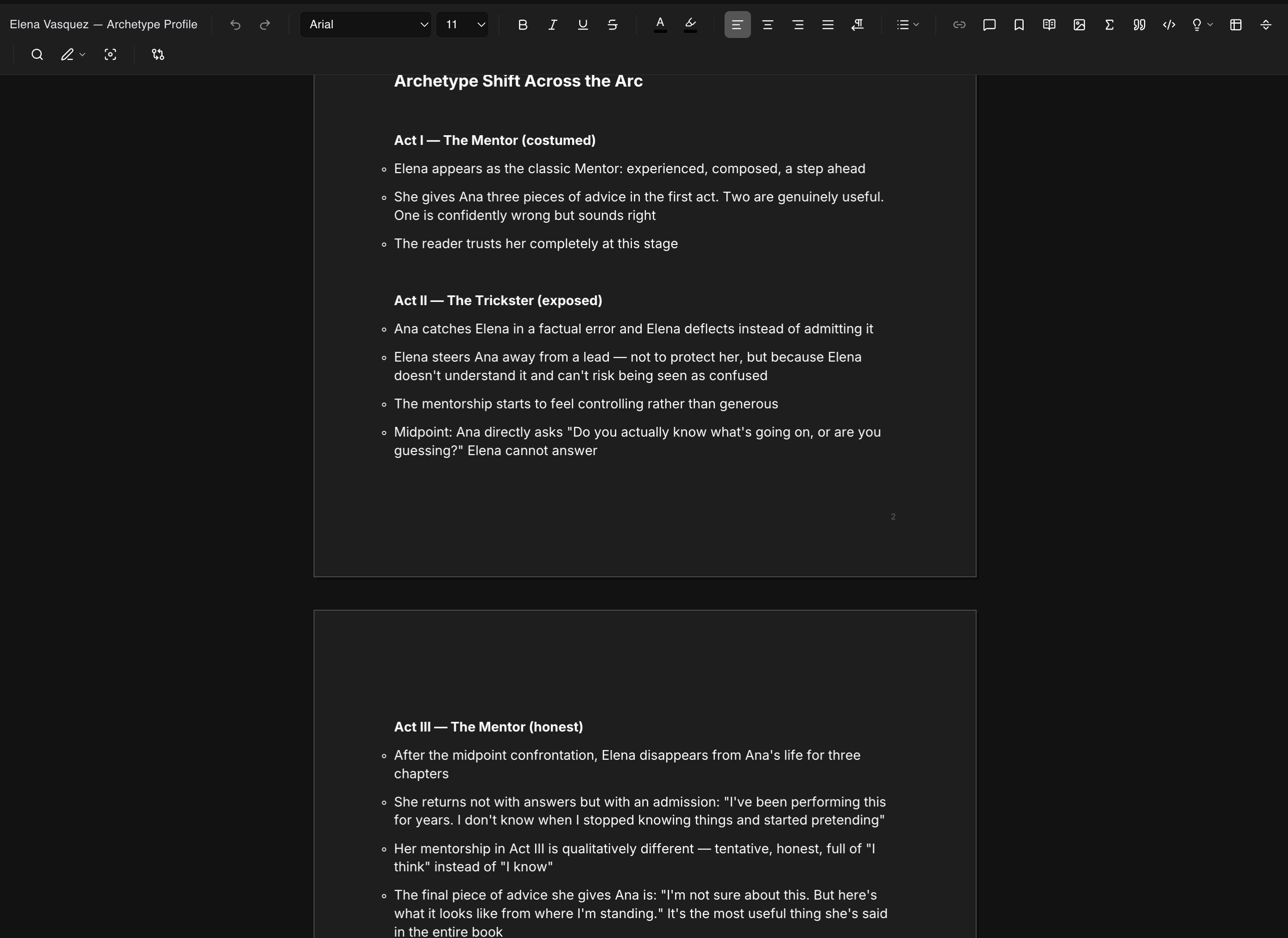 A character archetype profile document in Plotiar tracking Elena Vasquez's archetype shift across three acts — from costumed Mentor in Act I, through exposed Trickster in Act II, to honest Mentor in Act III — with bullet points detailing behavioral changes at each stage