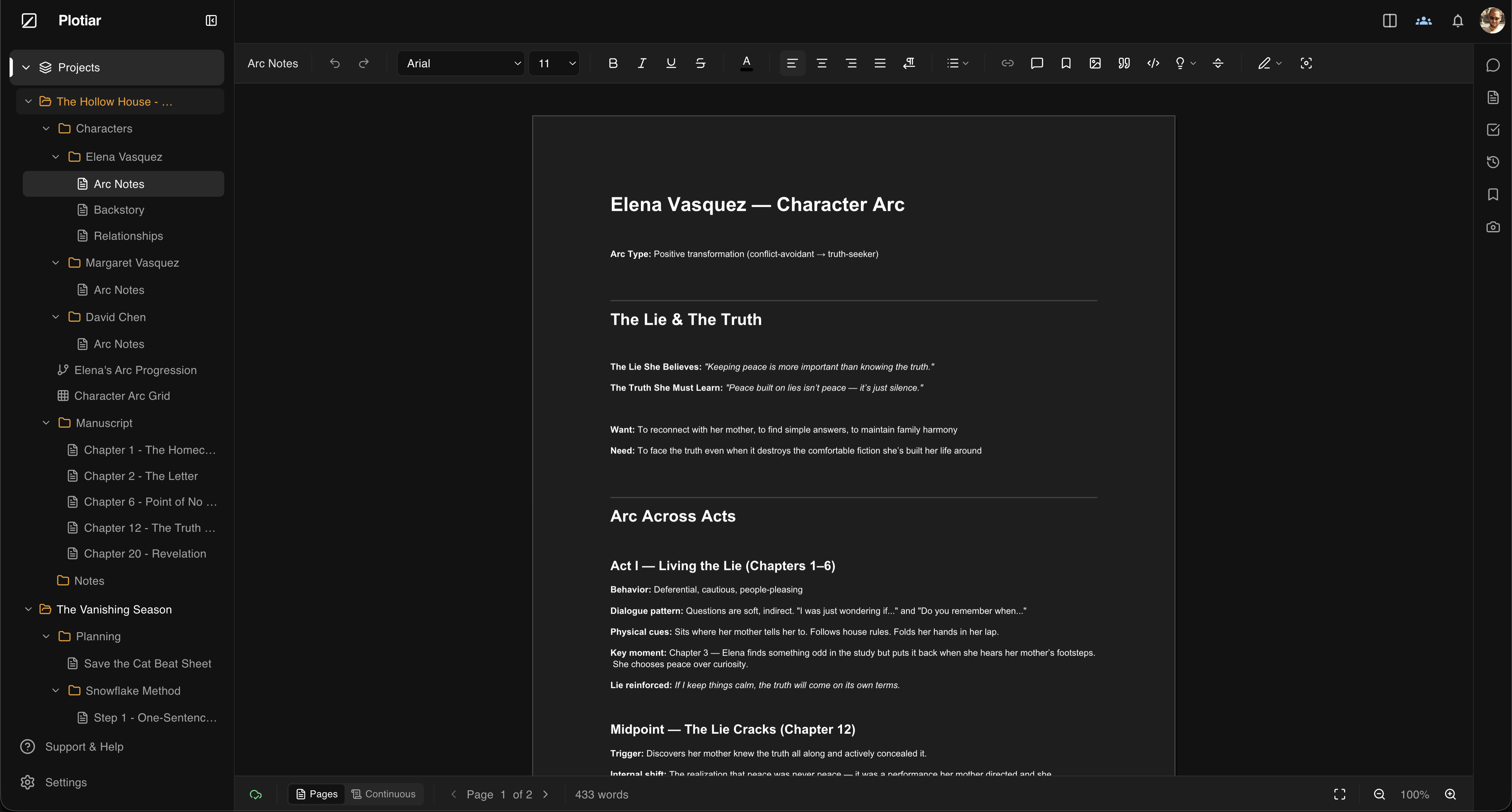 A character profile document in Plotiar tracking Elena Vasquez's arc across act milestones, showing her lie, truth, want, need, and turning points mapped to specific chapters