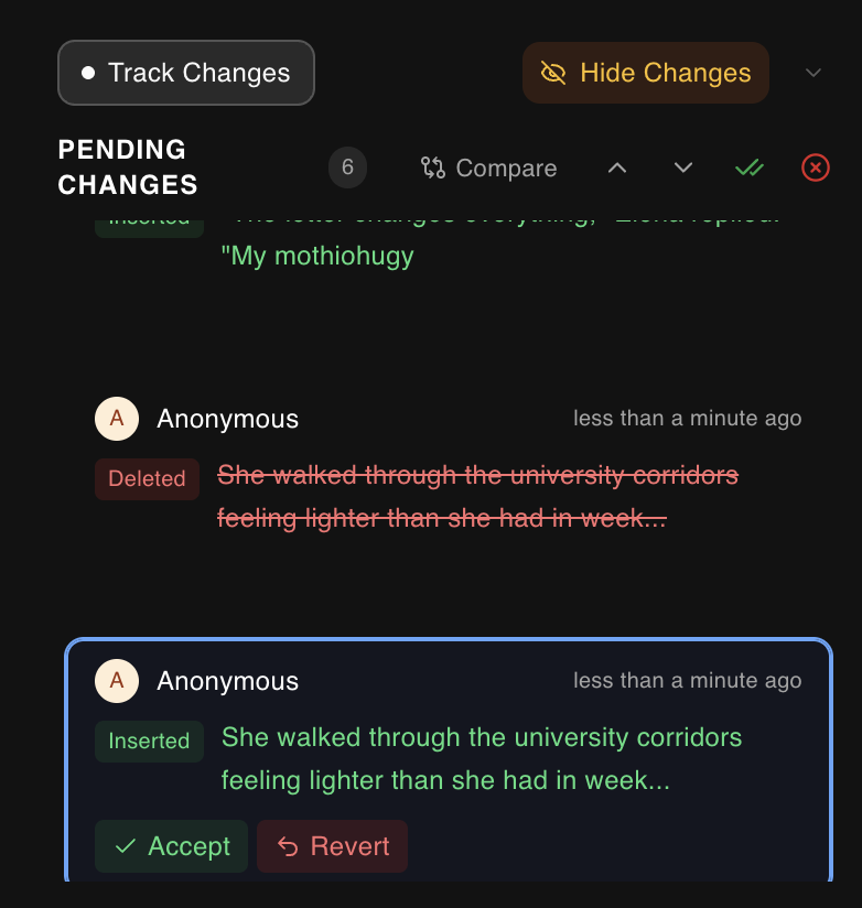 Track changes panel showing pending changes with a deleted sentence highlighted in red and an inserted replacement in green, with Accept and Revert buttons beneath each change