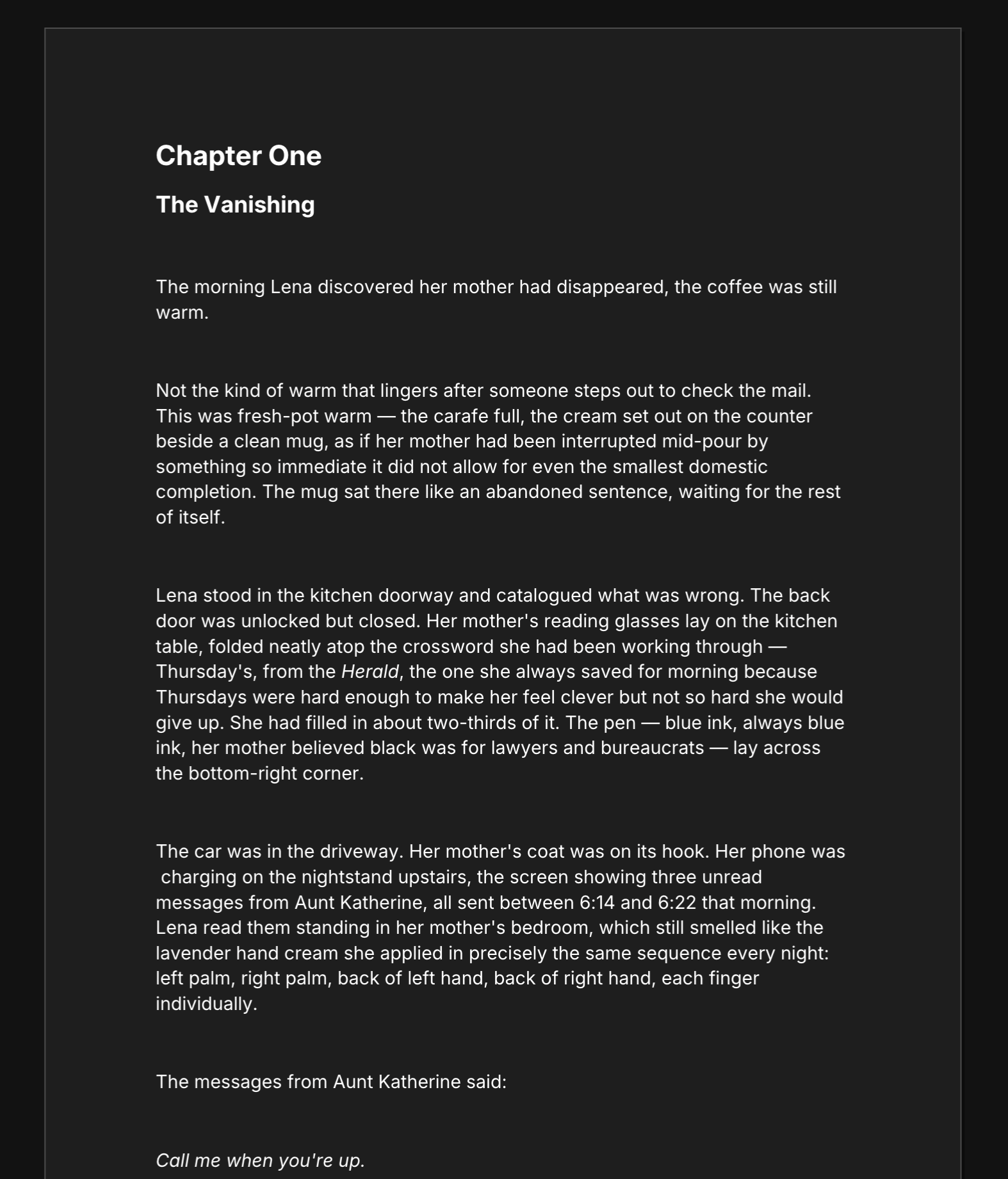 A chapter document open in the Plotiar canvas editor showing formatted prose with the toolbar visible at top, demonstrating a focused single-chapter writing view with no distractions from the rest of the manuscript