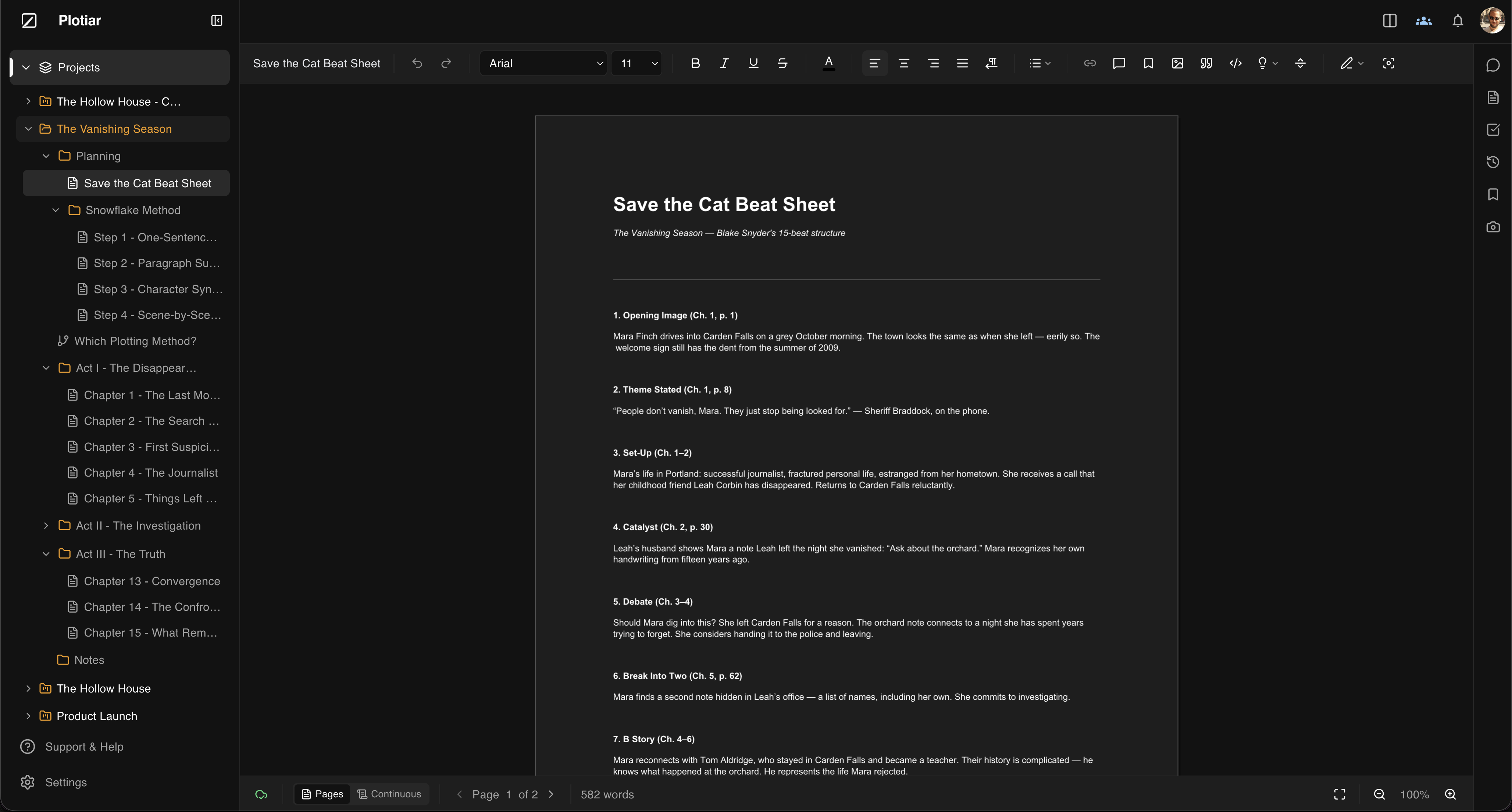 A Save the Cat beat sheet document in Plotiar filled out for a novel, showing beats like Opening Image, Theme Stated, Catalyst, Break Into Two, Midpoint, All Is Lost, and Final Image with descriptions for each