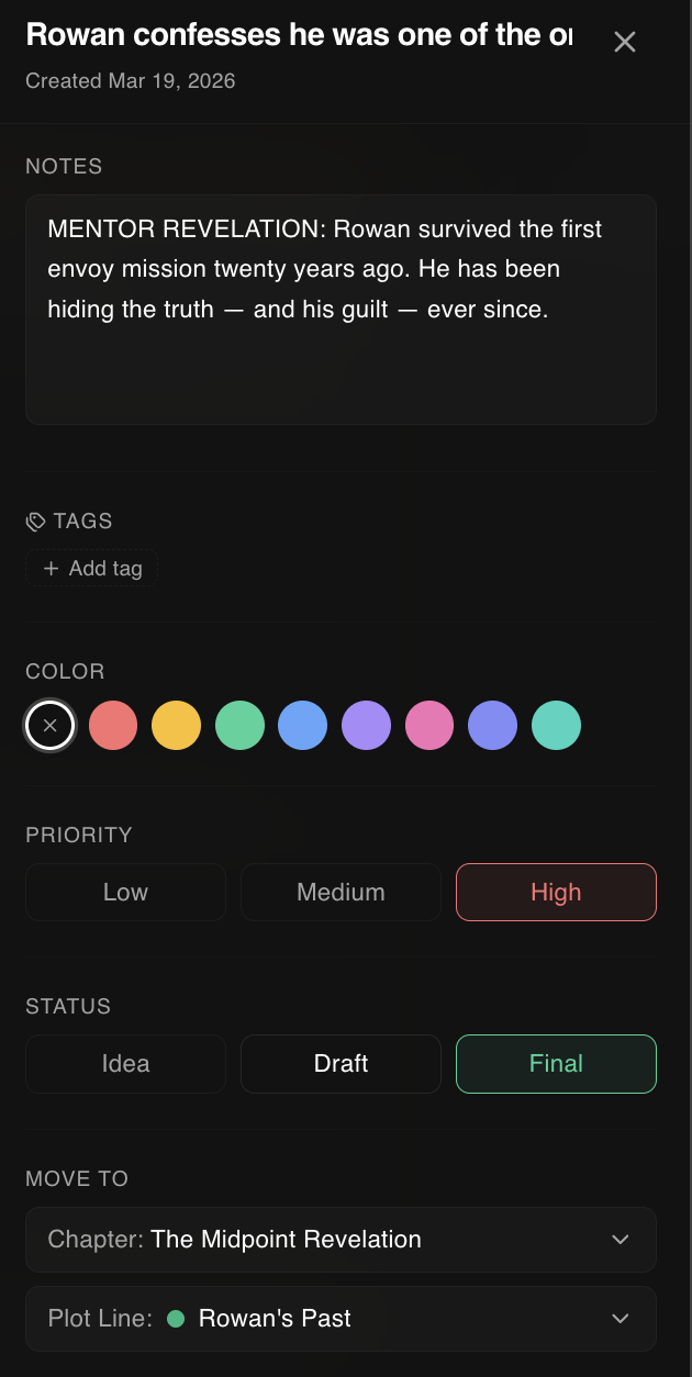 A close-up view of a plot grid showing chapters five through nine with detailed plot point cards including priority indicators, status tags, and notes for each subplot event, with one plot point expanded to show its full details