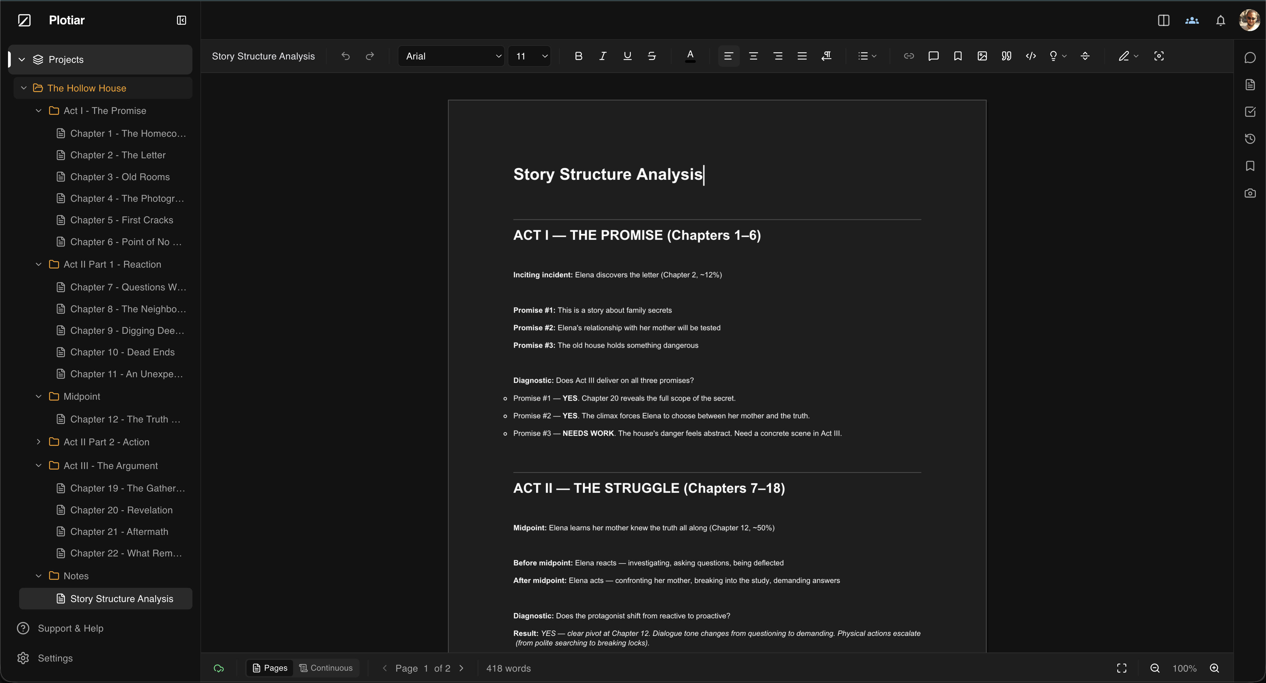 A document in Plotiar titled 'Story Structure Analysis' with act breakdowns listing the promises, turning points, and diagnostic questions for each act of a novel draft