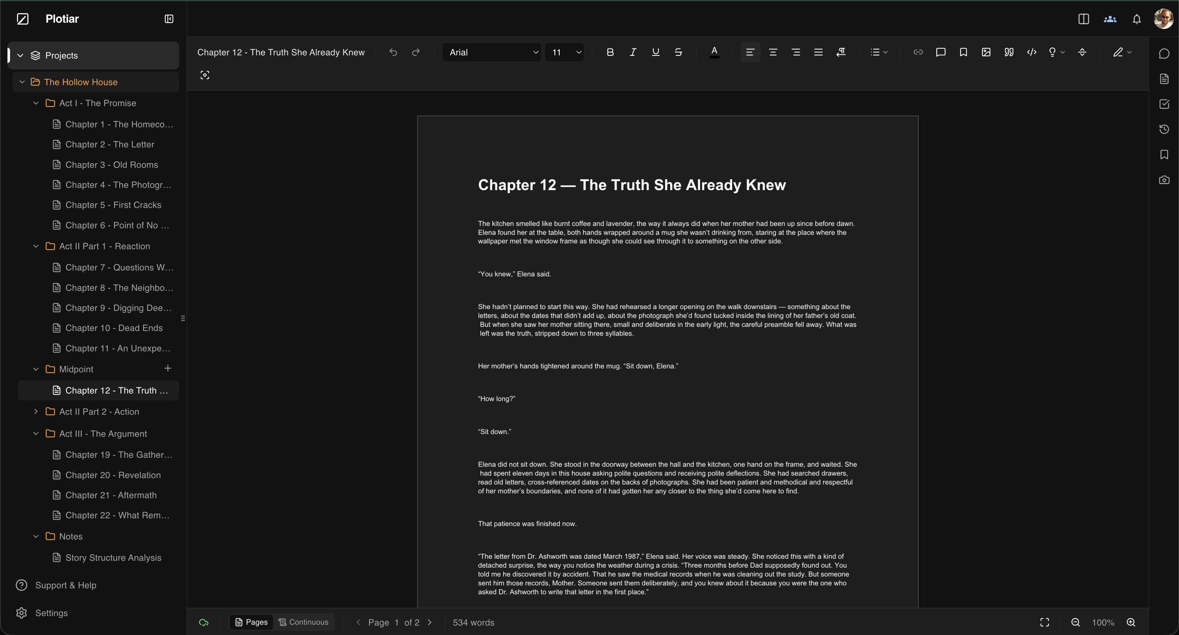 A folder structure in Plotiar organizing a novel project by acts, with subfolders for chapters and scenes, showing Act I, Act II Part 1, Midpoint, Act II Part 2, and Act III sections