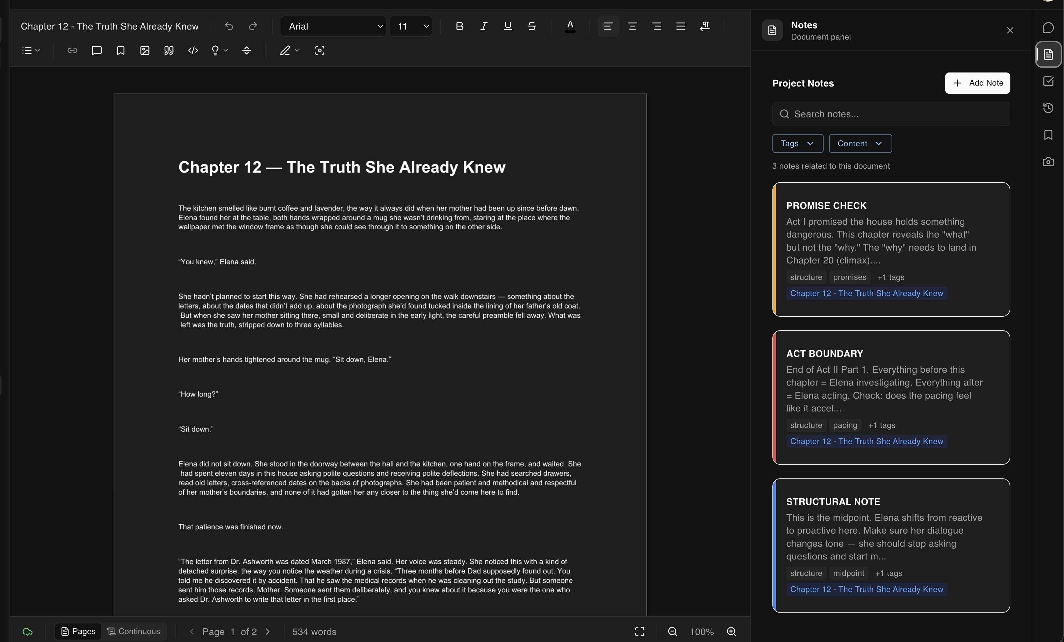 A notes panel in Plotiar with structural observations pinned alongside a manuscript draft, showing diagnostic questions and act boundary markers noted in the sidebar while the main document displays chapter text